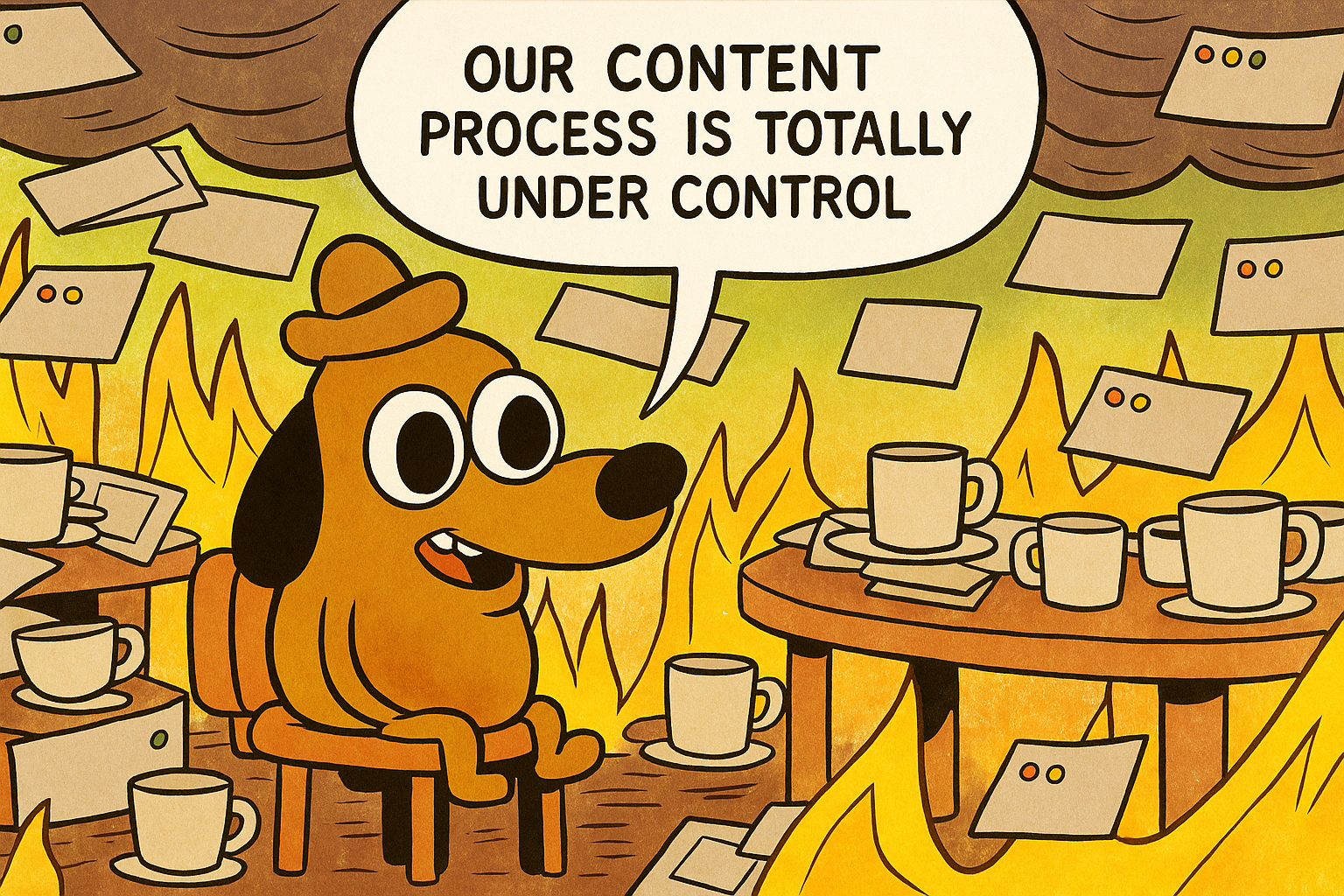 The 'This is Fine' dog sitting in a room on fire, but the room is filled with open browser tabs and empty coffee cups. The caption reads: 'Our content process is totally under control.'